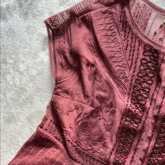 Altar'd State Dark Red Burgundy Beaded and Embroidered Flutter Sleeve Dress - Picture 9 of 15